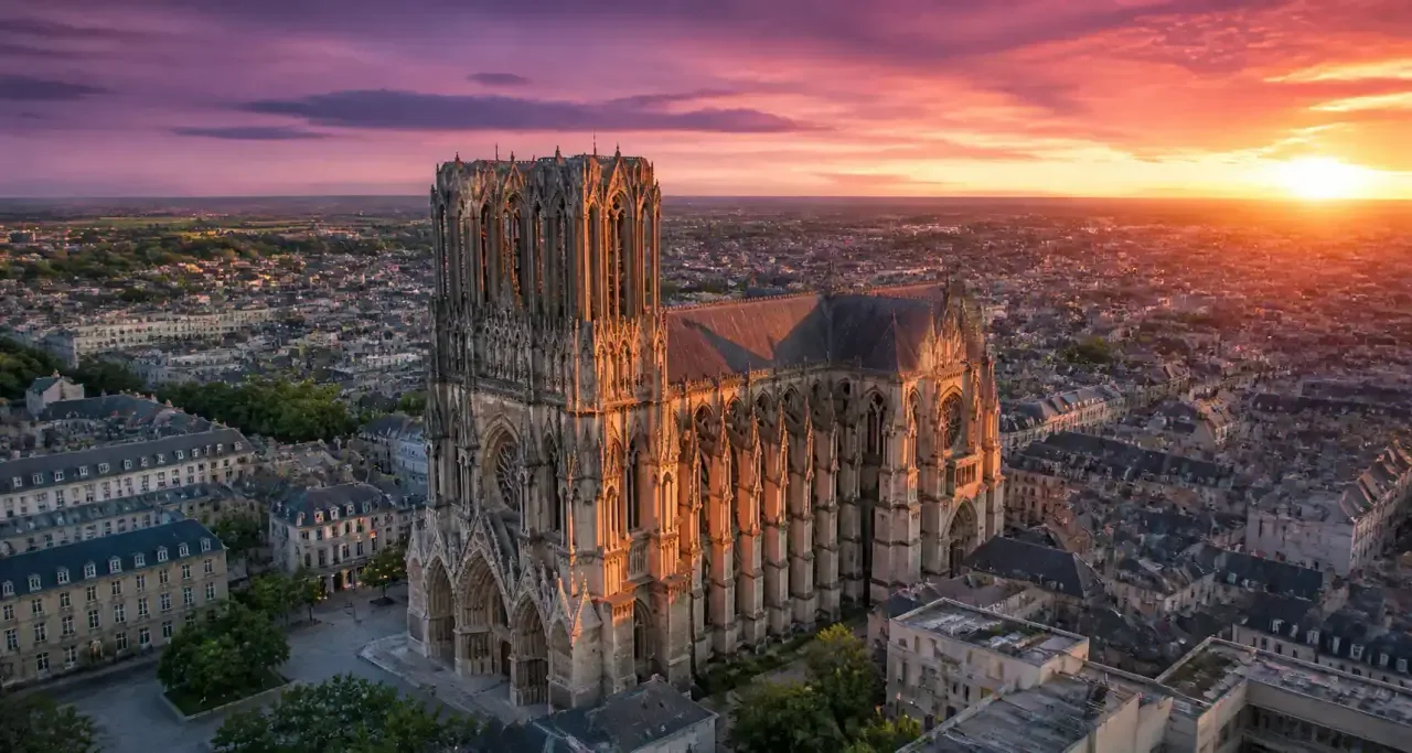 La cathédrale Notre-Dame de Reims vue du ciel au coucher du soleil
