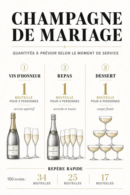 Infographie champagne mariage : quantités à prévoir selon le vin d’honneur, le repas et le dessert