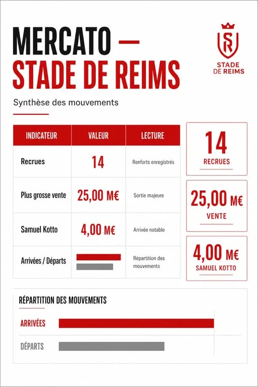 Mercato Reims : infographie des arrivées, départs et montants clés du Stade de Reims