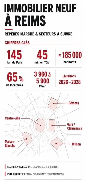 Infographie immobilier neuf Reims avec prix, délais et quartiers clés