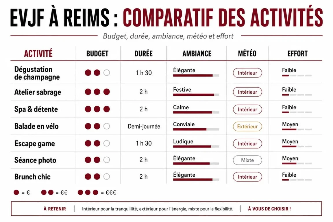 EVJF Reims : tableau comparatif des activités selon budget, durée et ambiance