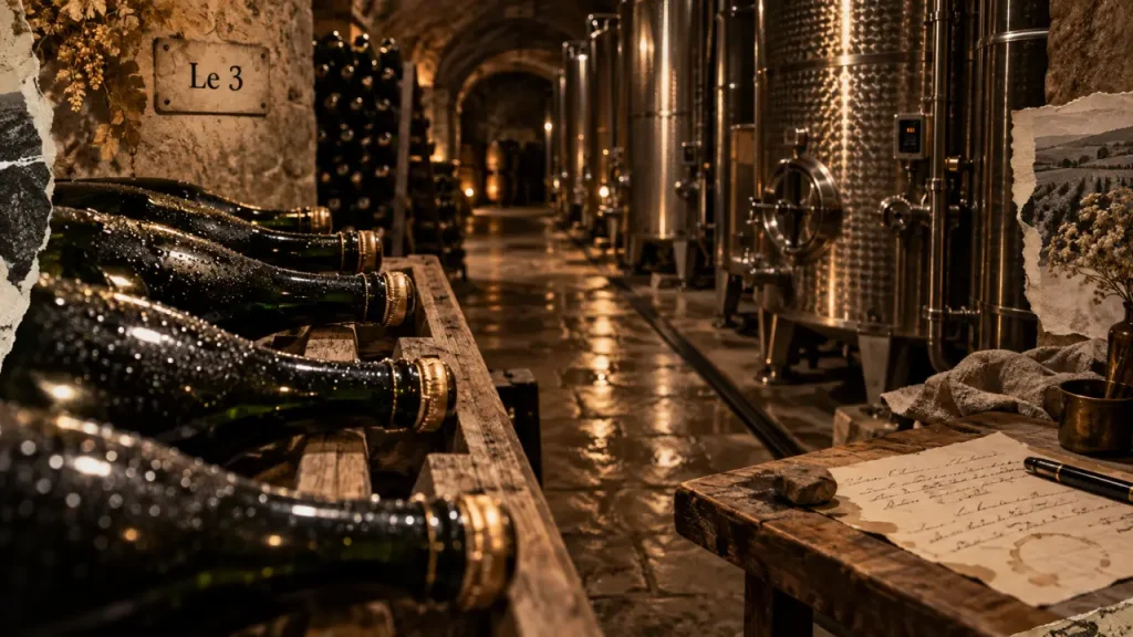 Champagne Thiénot Reims : bouteilles sur lattes en cave