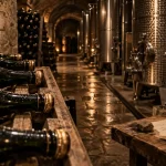 Champagne Thiénot Reims : bouteilles sur lattes en cave