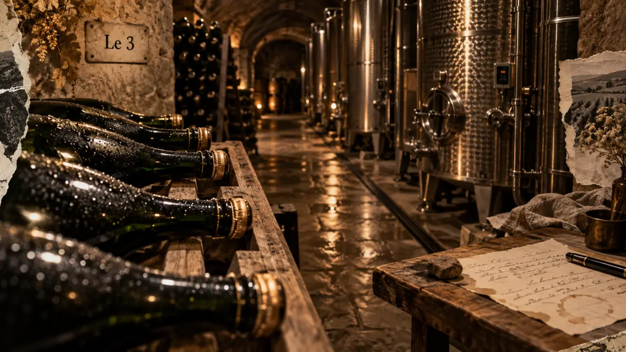 Champagne Thiénot Reims : bouteilles sur lattes en cave