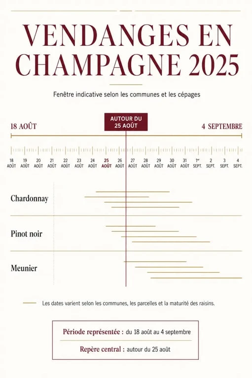 Infographie des dates des vendanges en Champagne 2025 du 18 août au 4 septembre