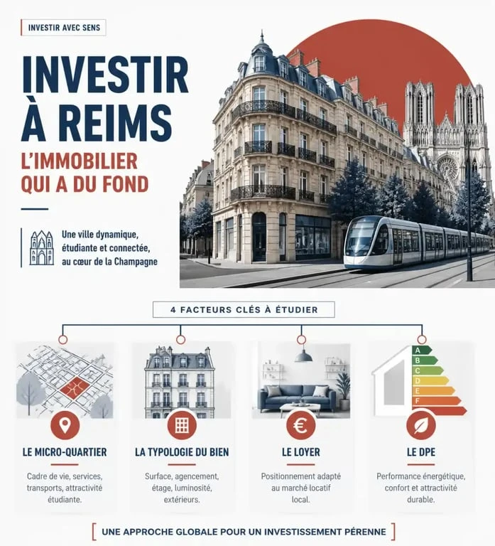 Infographie sur investir immobilier Reims : quartier, logement, loyer et DPE