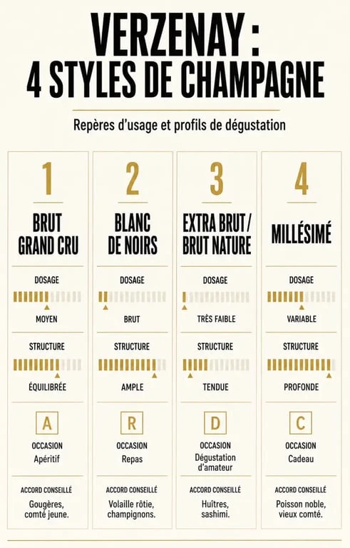 Verzenay champagne : comparaison visuelle des styles de cuvées et usages recommandés