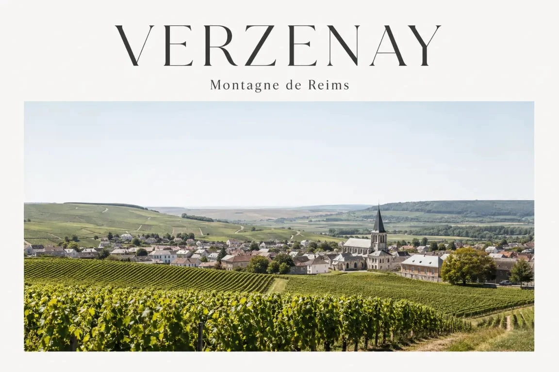 Verzenay champagne : vue éditoriale du village et des coteaux viticoles de la Montagne de Reims