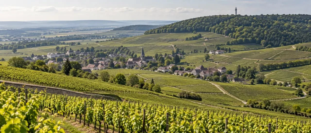 Route du Champagne Reims : panorama sur les vignobles de la Montagne de Reims et le phare de Verzenay