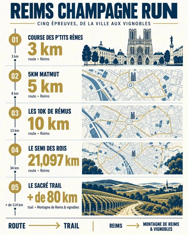 Infographie des épreuves et distances du Reims Champagne Run