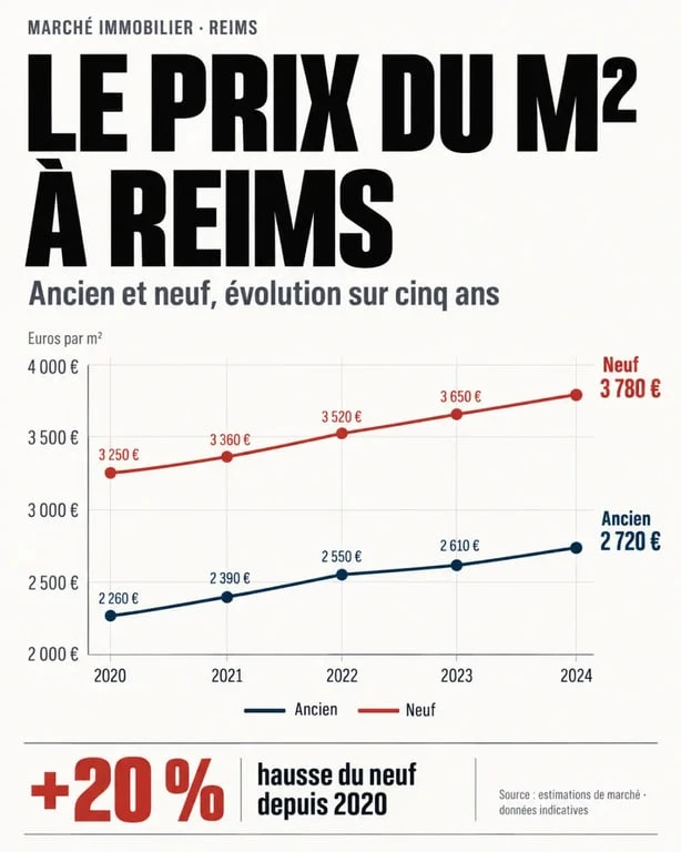 Évolution du prix immobilier à Reims entre ancien et neuf sur cinq ans