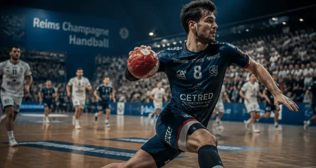 Reims Champagne Handball : joueur en plein geste de passe dans un gymnase à Reims