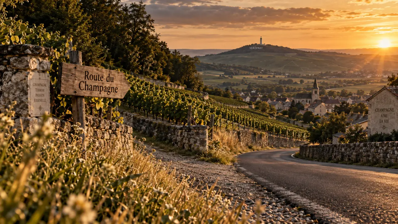 Route du champagne reims : route et vignes vers la vallée, phare de Verzenay au loin