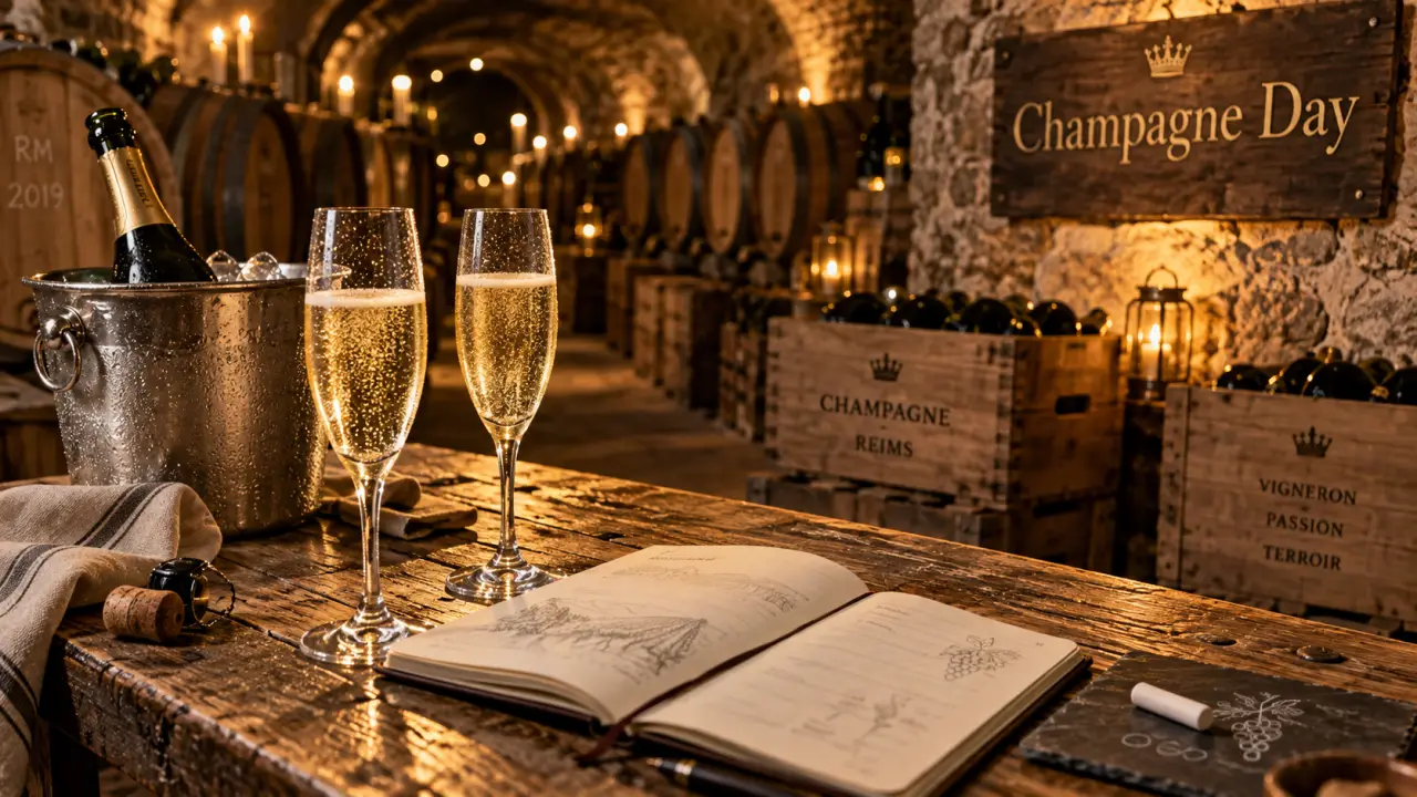 Champagne day reims : cave de Champagne, verres de brut à bulles fines