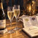 champagne palmer reims : bouteille de champagne, flûtes et carnet de dégustation