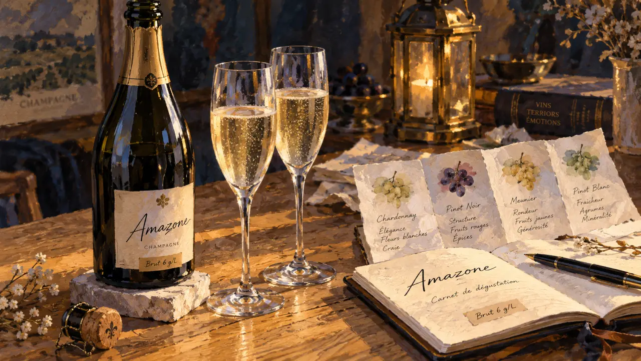 champagne palmer reims : bouteille de champagne, flûtes et carnet de dégustation