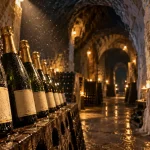 Champagne veuve clicquot reims : bouteilles dans l’entrée des crayères au golden hour
