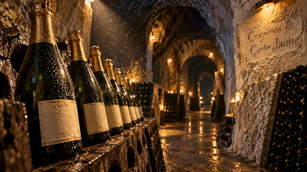 Champagne veuve clicquot reims : bouteilles dans l’entrée des crayères au golden hour